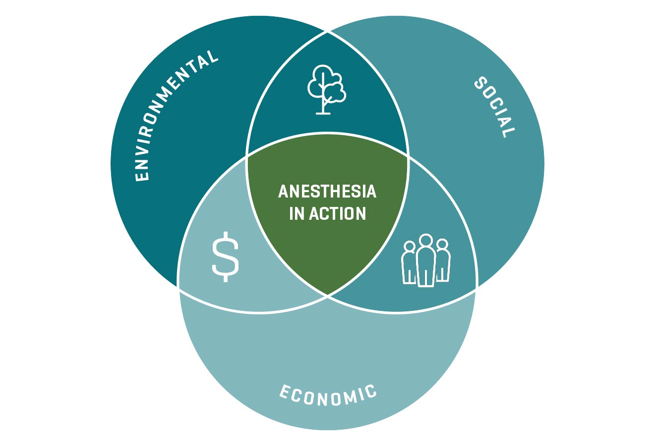 Diagram illustrating that environmental, social and economic is intertwined with anesthesia in action