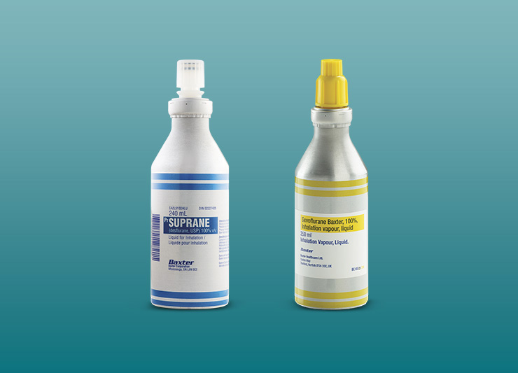 Suprane and Sevoflurane in aluminium containers on blue background