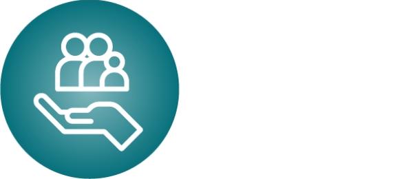 A icon with a hand with an illustration of three people above 